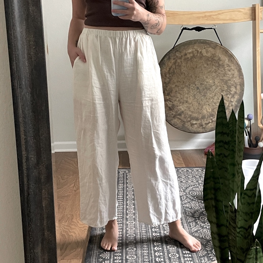 Flax Off White Cream Pull on 100% Linen Wide Leg Pants
